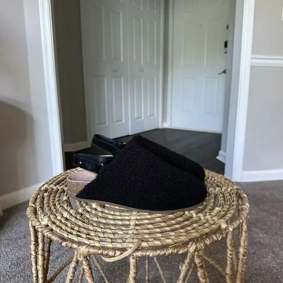 Splendid Clarissa Slipper Women's 8.5 Black Faux Shearling Slingback Cork Shoe - Picture 3 of 11